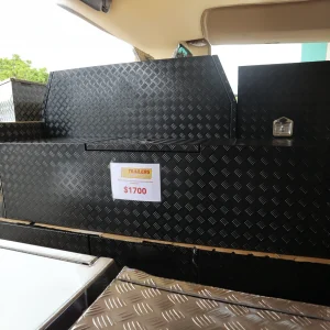 Black Aluminum Checkerplate Aluminum Top Opening Toolbox w- 2x Sliding Drawers (2200 x 500 x 500)